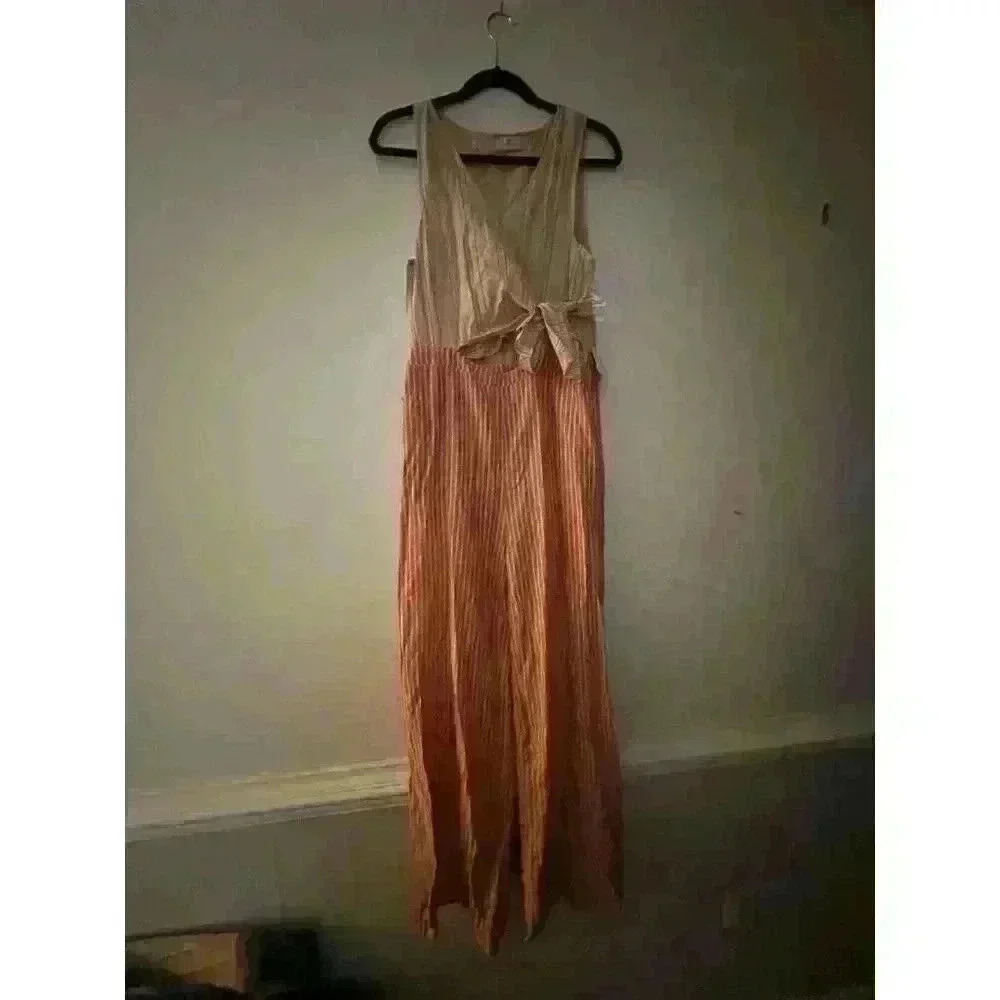Boutique Women's Orange & Beige Linen Jumpsuit Size L NWT